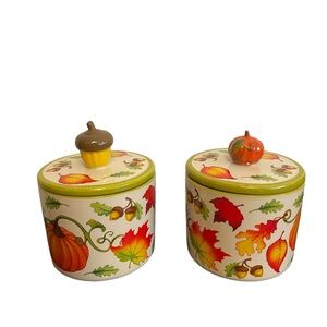 Temp-Tations Set of 2 Fall Harvest Ceramic Canisters Pumpkin and Acorn Lids